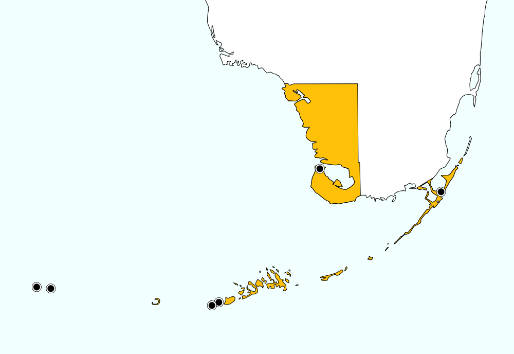 distribution map for Monroe County, Florida, showing 3 records for Gryllodes sigillatus
