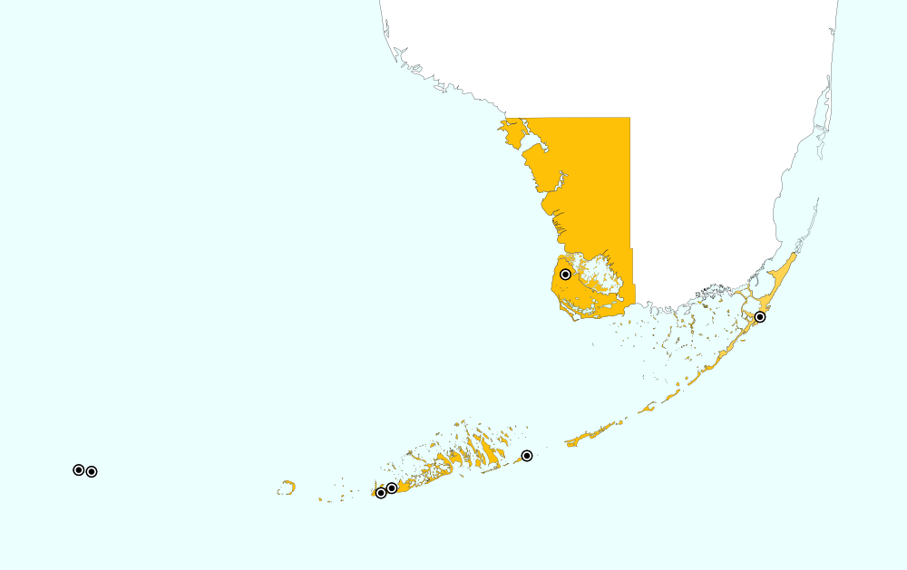 distribution map for Monroe County, Florida, showing 3 records for Gryllodes sigillatus