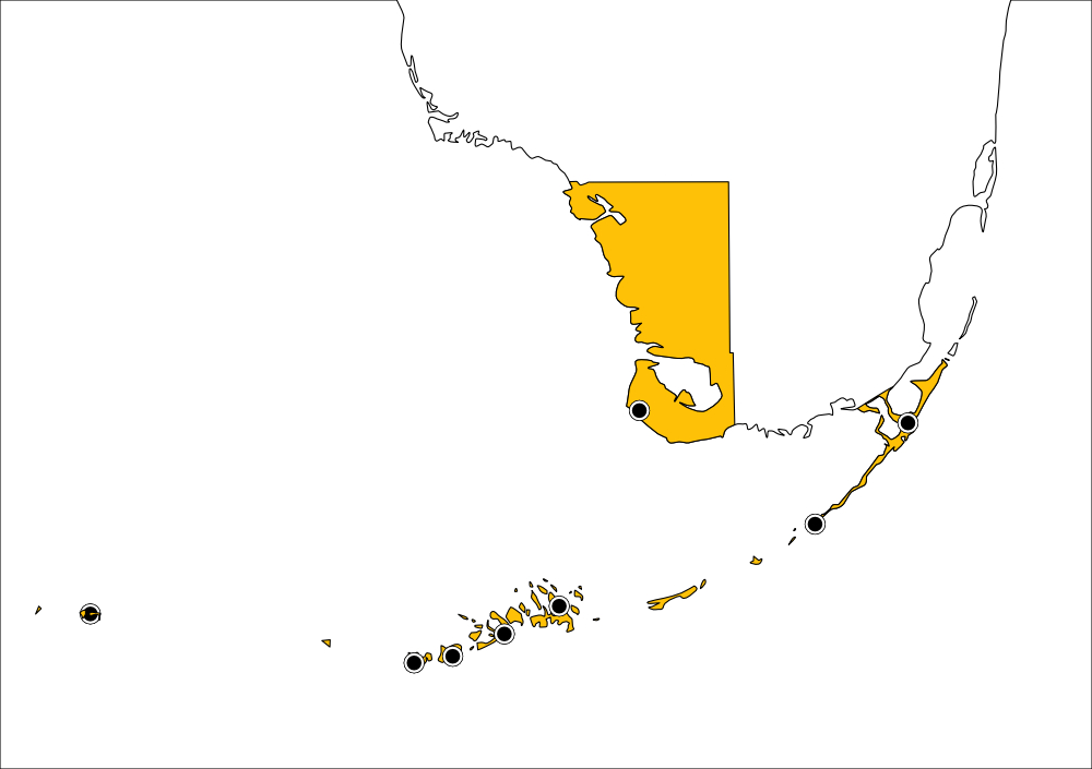 distribution map for Monroe County, Florida, showing 3 records for Gryllodes sigillatus